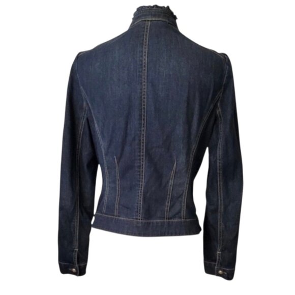 White House Black Market Dark Washed Denim Ruffle Trim Structured Jacket Size 12 - Picture 2 of 7